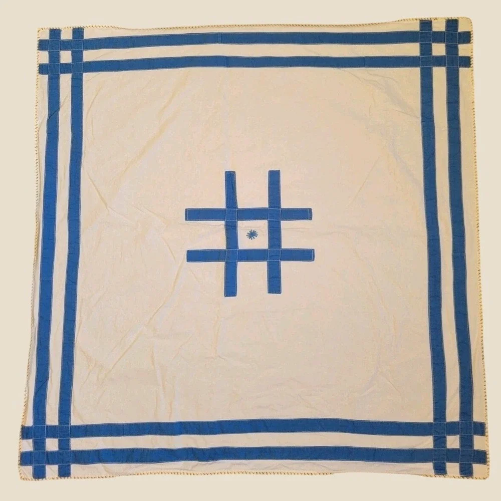 Handmade Vintage Tablecloth Farmhouse Applique Grid Star White Blue Square 35x35
